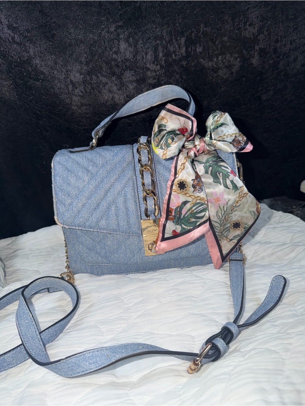 Aldo Light Blue Quilted Denim Crossbody with Floral Scarf